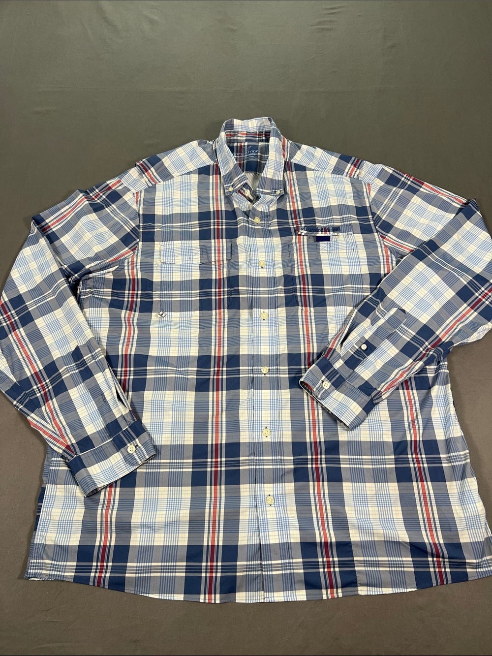 Vineyard Vines Blue and White Plaid Button-Down Shirt with Red Accents